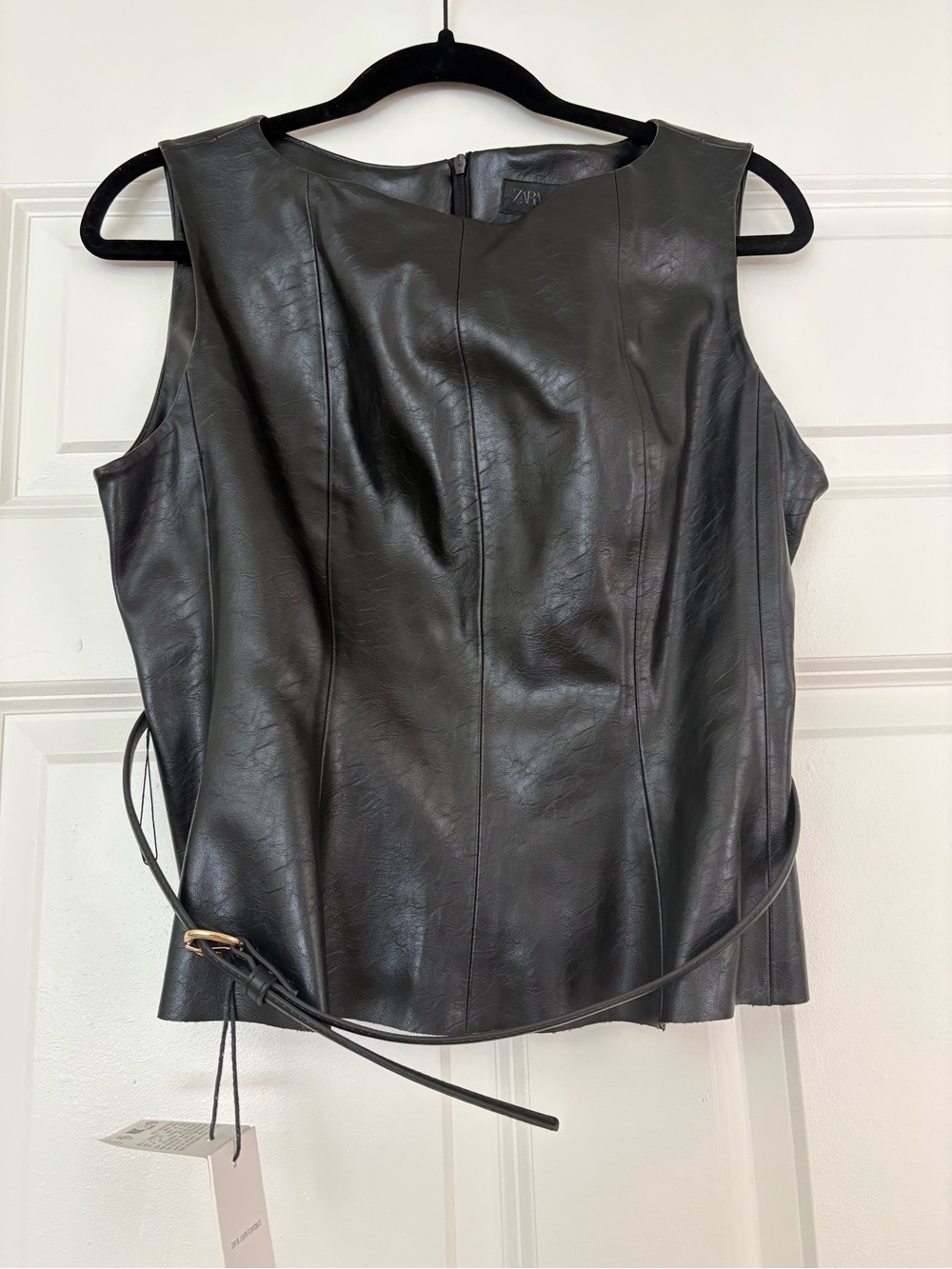 Zara Black Faux Leather Sleeveless Peplum Top with Belt